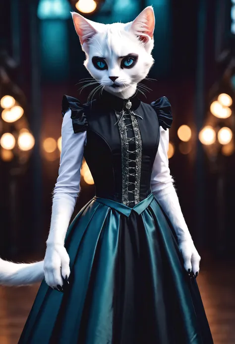 realistic sharp professional breathtaking photograph of a goth anthro cat in an elaborate black victorian dress, upper body, white fur, furry, cyan, aqua, vignette, highly detailed, high budget, bokeh cinemascope, moody, epic gorgeous, 35mm film, HDR, phot...