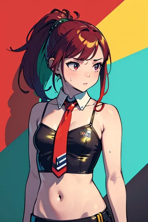 masterpiece, highest quality, realistic, subsurface scattering, chromatic lighting, colorized, red + yellow + green + blue limited color palette, detailed concept drawing, line-art, illustration, cyberpunk, 18yo 1girl,small breasts, extrovert, ponytail hai...