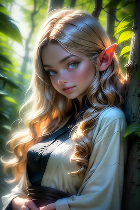 (masterpiece, best quality), 1girl, intricate details, blonde, leaf, wavy hair, looking at viewer, elf, small breasts, little sm...