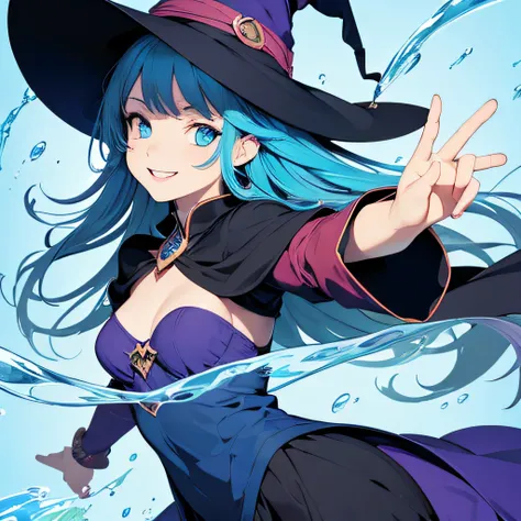 (masutepiece, Best Quality),((Flat color)), 1 girl , Witch Girl, pixiv style, Detailed beautiful eyes, Small breasts, Smile ,water element, Floating colorful water, Dynamic