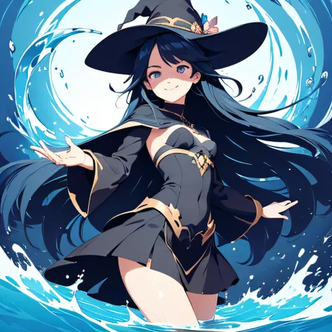 (masutepiece, Best Quality),((Flat color)), 1 girl , Witch Girl, pixiv style, Detailed beautiful eyes, Small breasts, Smile , Floating colorful water, Dynamic, water element