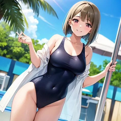 18year old, girl with, Clothes: one-piece swimsuit,slightly larger udder,Narrow waist, Hairstyle is a bob cut, Poolside background,Smiling face