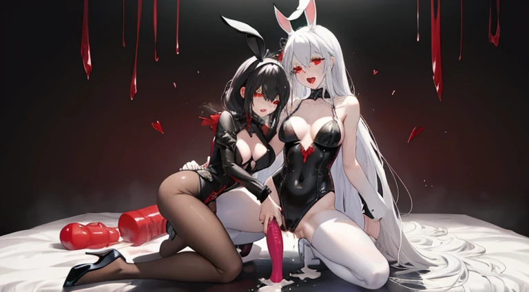 "2 girls, ((Masterpiece)), [Slim], (Small breasts), Pale skin, ((Detailed eyes)), (Background blur), ganyudef white long hair, Red eyes, villainous, Dark theme, [eyes liner], Evil".. Embracing. Profusely Blushing, profusely sweating. Naked Lesbian.  (Gropi...