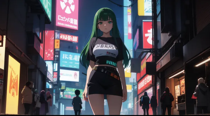 uma mulher com olhos verdes e blusa preta em frente a um sinal verde, Garota de Anime Cyberpunk com capuz, garota Anime Cyberpunk, oppai cyberpunk, menina de Anime Cyberpunk feminino, arte cyberpunk anime, arte digital do Anime Cyberpunk, Aura verde, cyber...