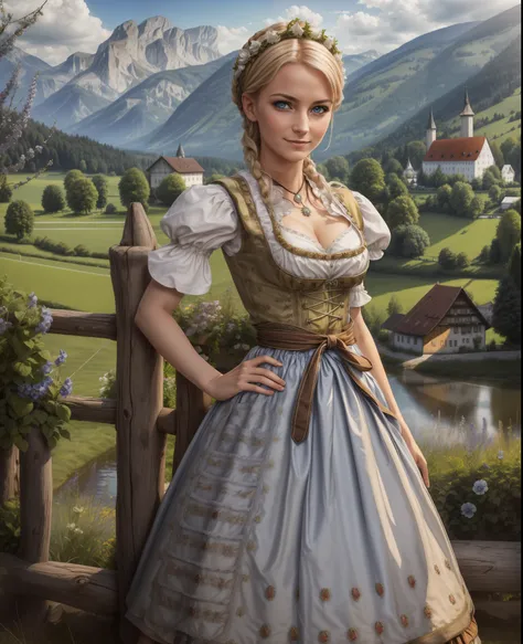 masterpiece, absurdres, fine detail, hdr, highly detailed face and eyes, photorealistic, dirndl, a woman in traditional bavarian...