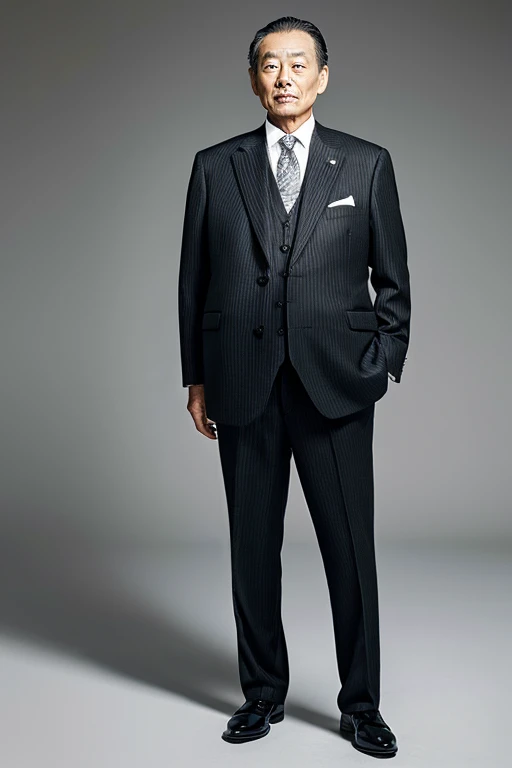 Japanese man in his 50s wearing a suit,Fat,lethargy,standing absentmindedly,full body black and white portrait