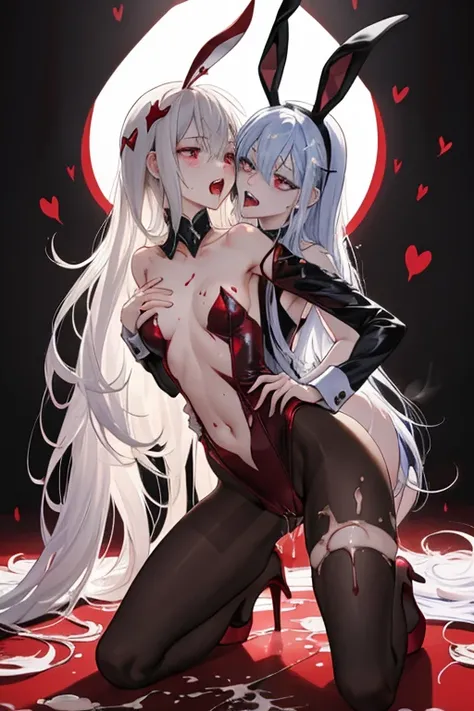 "2 girls, ((Masterpiece)), [Slim], (Small breasts), Pale skin, ((Detailed eyes)), (Background blur), ganyudef white long hair, Red eyes, villainous, Dark theme, [eyes liner], Evil".. Embracing. Profusely Blushing, profusely sweating. Naked Lesbian.  (Gropi...