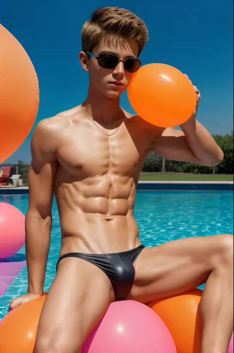 14-year-old boy, sitting on big orange balloon between legs, wearing pink speedos, shirtless, abs, thin body, hugging orange balloons, popping pink balloons, handsome, youthful, boyish, cute, black military sunglasses, photography, realistic, indoor soft l...