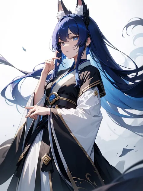 tmasterpiece，4K，blue-haired royal sister，Fox earsGolden eyes，Hanfu，stickfigure，simple line，black andwhite，