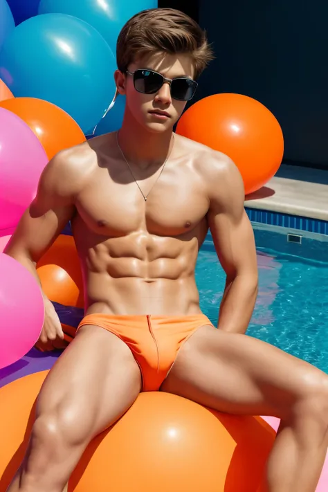 14-year-old boy, sitting on big orange balloon between legs, wearing pink speedos, shirtless, abs, thin body, hugging orange balloons, popping pink balloons, handsome, youthful, boyish, cute, black military sunglasses, photography, realistic, indoor soft l...