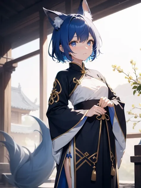 tmasterpiece，4K，short blue-haired royal sister，Fox ears,Golden eyes，Hanfu，stickfigure，simple line，black andwhite，