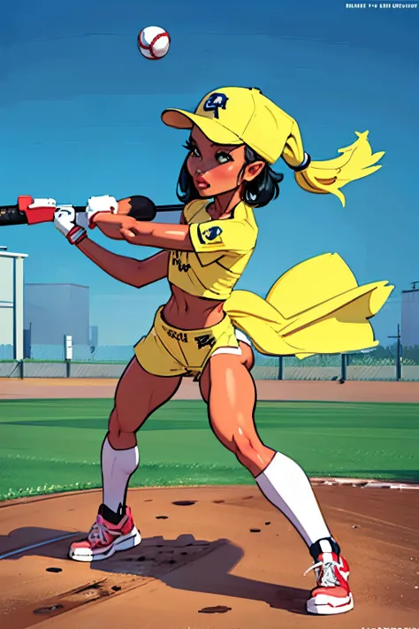 illustration of cartoon girl character, Indian girl, wearing a yellow baseball cap, holding a baseball bat, in action, futuristic baseball attire, full body image, character design sheet,