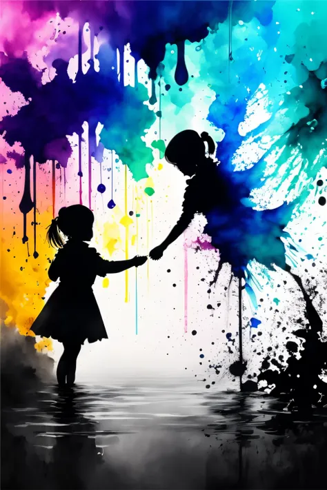 water paint art, ink drop, many color ink, girl, shake hands, fantasy, amazingly fine detail, highest quality, official art, big file size, high detailed, monochrome, masterpiece,