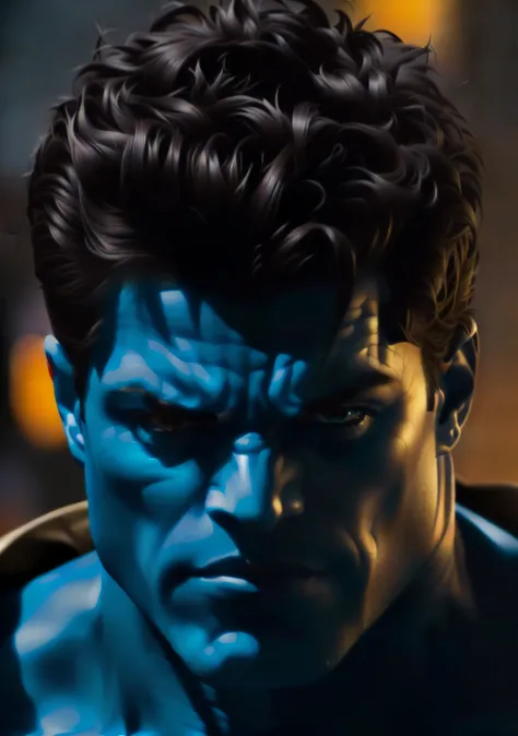 um close de um homem com rosto azul e jaqueta preta, Tom Holland como o Hulk, retrato vfx altamente detalhado de, Retrato do Hulk, Retrato VFX altamente detalhado, Henry Cavill como Wolverine, vibrant fan art, Superhero portrait, imagem hiperrealista de x,...