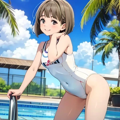 18year old, girl with, Clothes: one-piece swimsuit,slightly larger udder,Narrow waist, Hairstyle is a bob cut, Poolside background,Smiling face