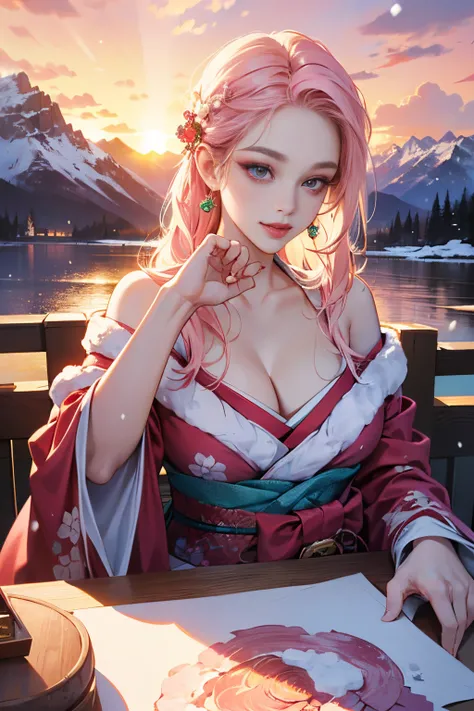 ((On the table、top-quality、Top image quality、8K、winning artwork))、A goddess、(The most gorgeous and luxurious goddess outfit:1.3)、(Goddess&#39;s most beautiful outfit in pink:1.3)、(The most luxurious pink and red long-sleeved kimono:1.3)、(upper body photos:...