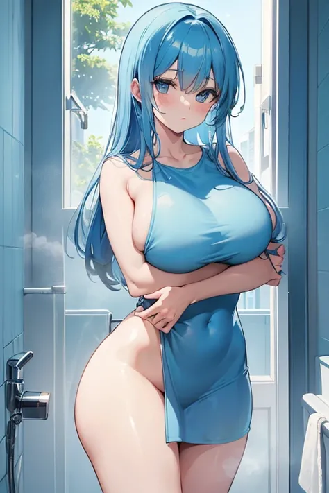 (best quality,4k,highres,masterpiece:1.2), realistic, Bulma Briefs standing naked getting out of the bath, detailed female figure, shiny wet skin, long blue hair, curvy body, confident expression, steam rising from the bath, tiled bathroom floor, glass sho...