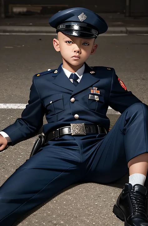 12 years old male boy, serious face, detail police uniform, wear cap, Shaved head faded sides ,lying down, leg open widely, look on uniform belt trouse, REALISTIC, dirty prison background, urine on ground, whip butt, closer look on belt, view from bottom, ...