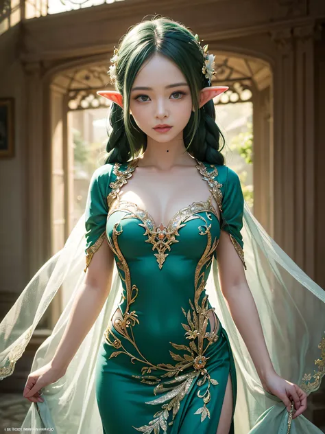 Graceful elven girl standing in meadow, Delicate face illuminated by the soft light of the setting sun. Her long, Flowing hair runs down your back, Decorated with intricate braids、Adorned with sparkling gemstones. This great photo is、、、It captures the ethe...