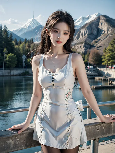 Special clothes58,white dress,pantyhose,green ribbon,striped,fashi-girl, liuyifei, ((cowboy shot)), (best quality, masterpiece:1.2), ultra-detailed, (realistic:1.37), beautiful, youthful, glamorous model with (detailed eyes, detailed lips, extremely detail...