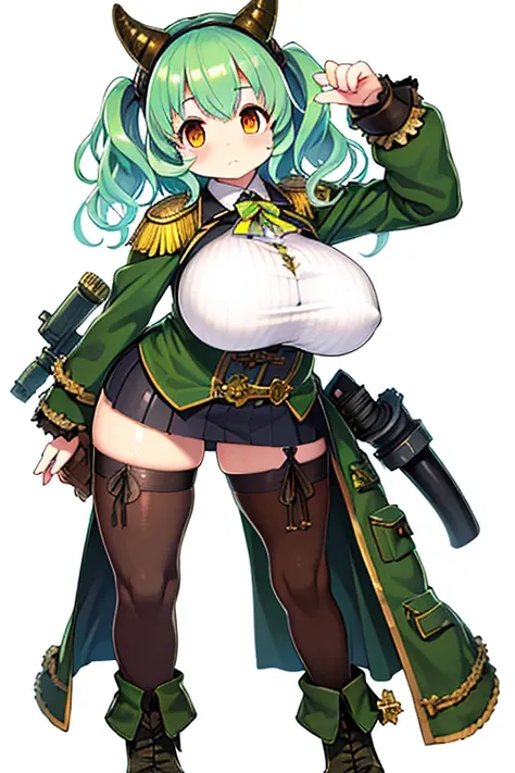 ((Live 2D))  masutepiece, 1girl in, Full body, standing straight, Steampunk clothes, military outfits, Looking at Viewer, Detailed face, Girl with green wavy hair, Bangs, Metal sheep horns, Gradient Hair, multicolored hair, light green hair, Turquoise Hair...