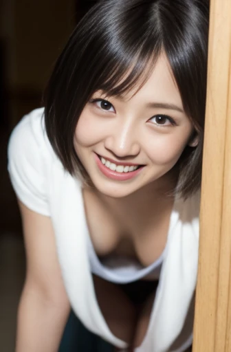 Restrooms in restaurants、crouching down、Bright smile、shinny skin、blurry backround、Ear hooks:1.20, A dark-haired:1.10, Shot from above、A refreshing smile,Alafed Girl, chiho, iwakura lain, closeup Iwakura Lain, With short hair, Shiori Teshirogi, Kotegawa Yui...