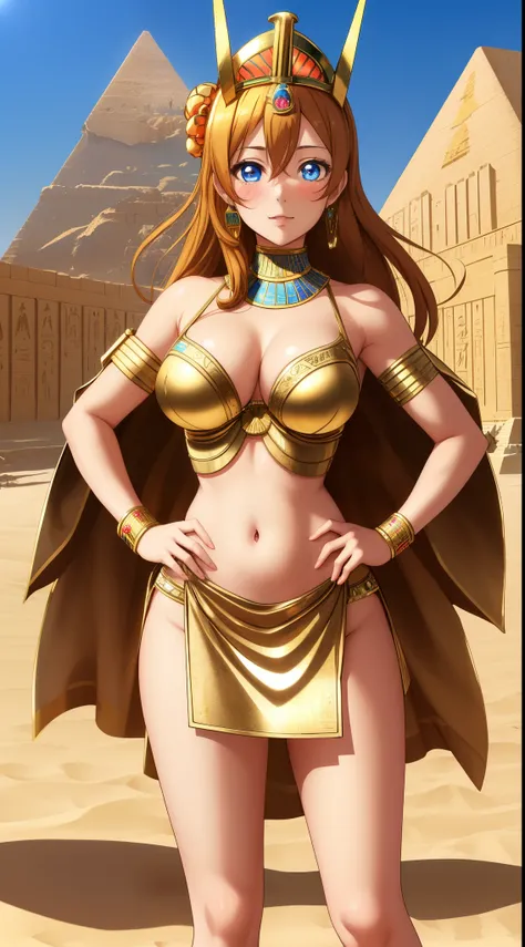 ((Masterpiece)), 8k wallpaper, kousaka honoka, blue eyes,skshonoka, beautiful urban female model,facial details,glowing eyes,detailed body part details,looking at viewer,(one hand on hip one hand on hair),thighs,navel, cleavage,(golden Egyptian dress),tiar...