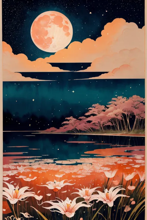 japanese painting, Ukiyo-e style, Art Book, ultra-quality, postcard, orange, pink and white lily, night view of a background, Big Moon, Stars, ink and watercolor painting. watercolor paiting, Wet with wet and sputtering technology, abstraction, Splash pain...