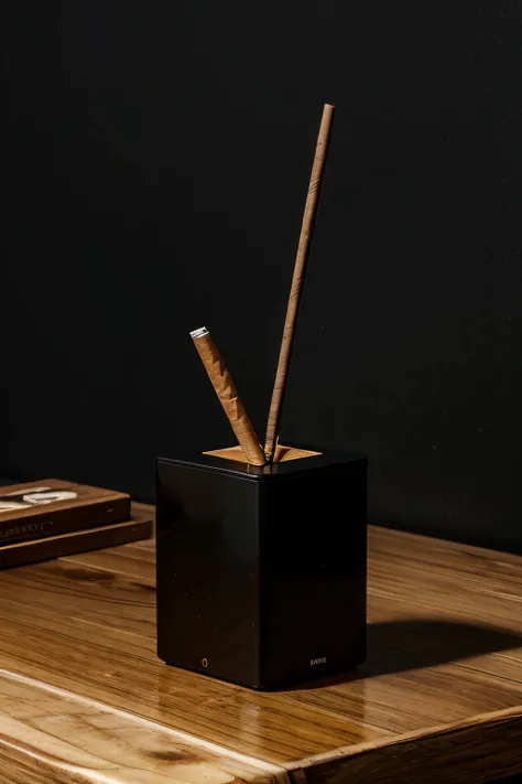 Cigarro electronico de plastico negro y dorado sobre una mesa de madera lujosa con un estilo minimalista, sin bases ni ningun otro objeto. Denotando la alta calidad de materiales y lujo, en formato 1:1