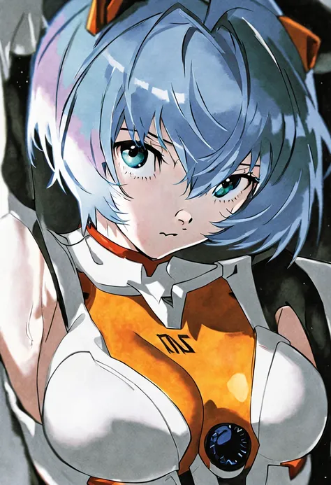 by Mai Yoneyama, Best quality at best, tmasterpiece, Detailed pubic hair, Aesthetic, 1个Giant Breast Girl, Alone, Blue hair, ayanami rei, The upper part of the body, white backgrounid