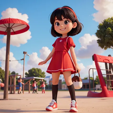 A smiling child, com cabelos castanhos escuro e olhos azuis,usando um vestido vermelho,black knee-high socks and a sneakers, brincando em um playground