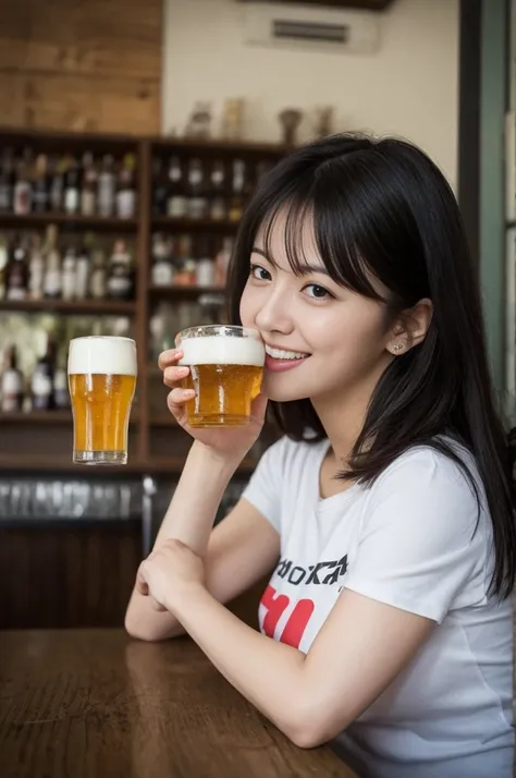 （There is a woman sitting at a table drinking beer, bar girl, In a tatami room, with a drink, Drinking beer, In the pub, In the pub, at bar, drinking beer at bar, Drink at the bar）in a house、（Beer mug）（Edamame、Snacks）Down T-shirt、No bangs:1.10、straight fla...