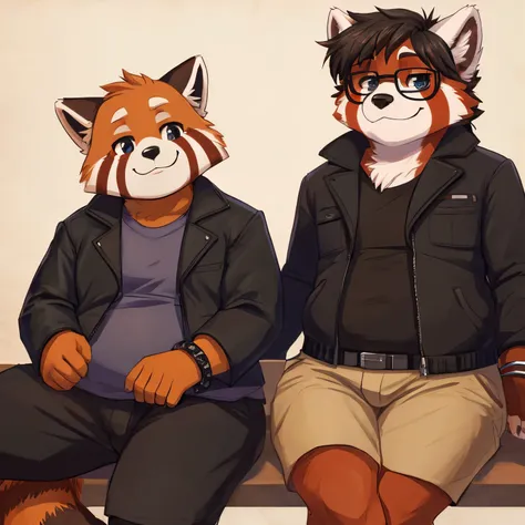 red panda, anthro, chubby, sturdy, black jacket, black elastic shorts, duo, black rimmed glasses, grey bracelets, slight blush, soft smile, male, female, relaxing