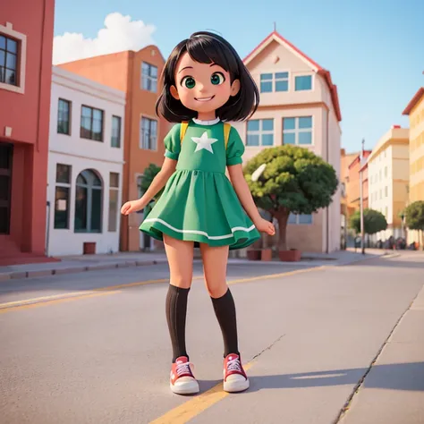 A smiling child, com cabelos castanhos escuros e olhos azuis,usando um vestido vermelho,black knee-high socks and sneakers, brincando em um parquinho com um garotinho loiro de olhos verdes