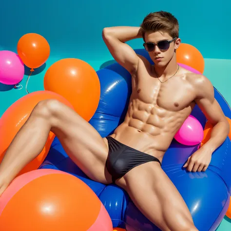 16-year-old boy, sitting on big orange balloon between legs, wearing pink speedos, shirtless, abs, thin body, hugging orange balloons, popping pink balloons, handsome, youthful, boyish, cute, black military sunglasses, photography, realistic, indoor soft l...