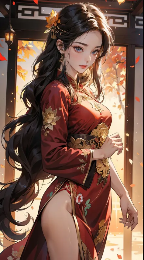 1female，45 yers old，Married woman，熟妇，Large breasts，long leges，big chest and thin waist， photo exposure， 独奏，（Background with：at a forest，the rainforest，in summer，lotus flower） She has long black hair，Redlip，Stood up，seen from the front， curlies， The sky is ...