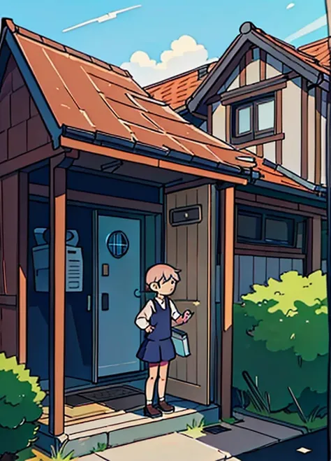 (beste-Qualit:0.8), (beste-Qualit:0.8), (((NOhumans))), Broken introspective perfect anime illustration, frontal view, House with a small mailbox in front