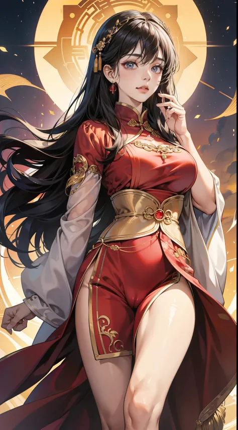 1female，45 yers old，Married woman，熟妇，Large breasts，long leges，big chest and thin waist， photo exposure， 独奏， She has long black hair，Redlip，The stands up，seen from the front， curlies， The sky is mostly cloudy，（（（tmasterpiece），（Very detailed CG unified 8k wa...