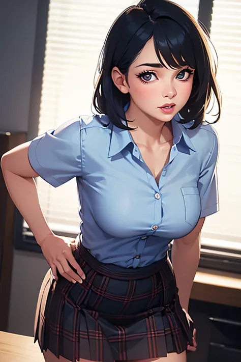 (a woman:wearing:plaid skirt,office:bending over,revealing:panties),(professional,vibrant colors),(detailed face,expressive eyes,luscious lips),(photorealistic:1.37),(studio lighting),(clean and modern office setting)