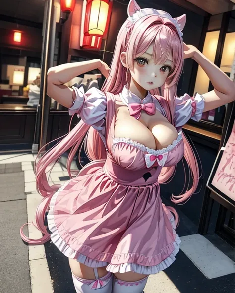 girl with、japanes、bunnygirl、Lolita costume、french maids、pink color clothes、long、Twin-tailed、Pink hair、Colossal tits、I can see my panties、