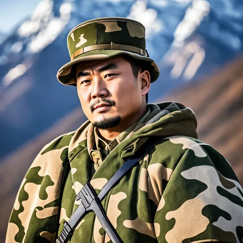 A Chinese man wearing an army camouflage military coat，Snow-capped mountains in the background，Need close-ups of characters --auto --s2