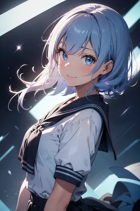 highres, highest quallity, illustration, ultra detailed, (detailed face), (detailed eyes), (glow:1.2),((glow reflection hair:1.5)),(shiny pastel blue color hair),(Sparkling lighting:1.2), best quality, hyper detailed, masterpiece, 1girl, solo, smile,short ...