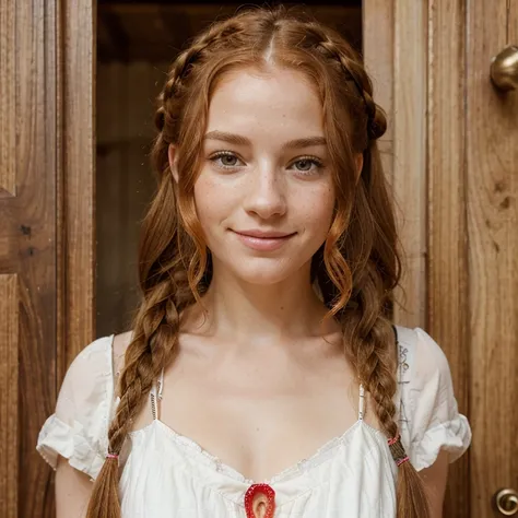 Cute, playful, smirking white woman in her mid twenties with long, curly strawberry blonde hair and freckles. Her hair is braided back in an intricate style and she wears the dress of medieval royalty.