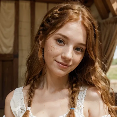 Cute, playful, smirking white woman in her mid twenties with long, curly strawberry blonde hair and freckles. Her hair is braided back in an intricate style and she wears the dress of medieval royalty.