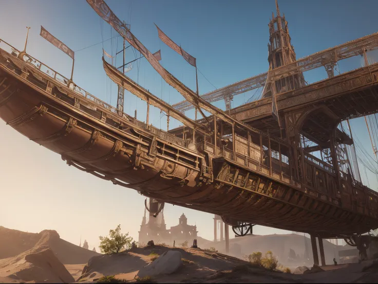 Craft an image of a Victorian-era steam-powered spaceship exploring uncharted realms in a hyperrealistic style, blending historical aesthetics with futuristic elements