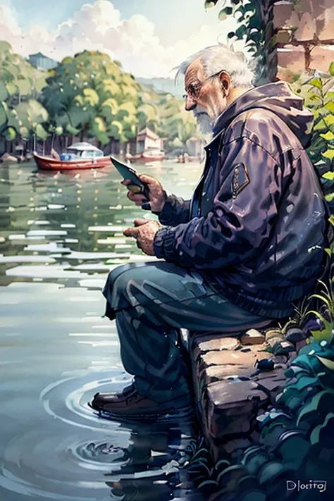 An old man looking at a small postcard, the calm sea, the calm waves, the clear sky, the memories,