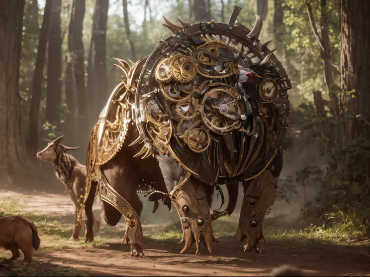 Create an intricately detailed, hyperrealistic 8K scene featuring a menagerie of animals with clockwork mechanisms seamlessly integrated into their bodies.