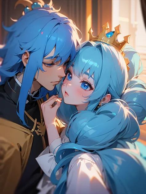 Prince and princess kissing in royal  palace .both have blue hair and blue eyes