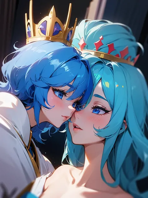 Prince and princess kissing in royal  palace .both have blue hair and blue eyes