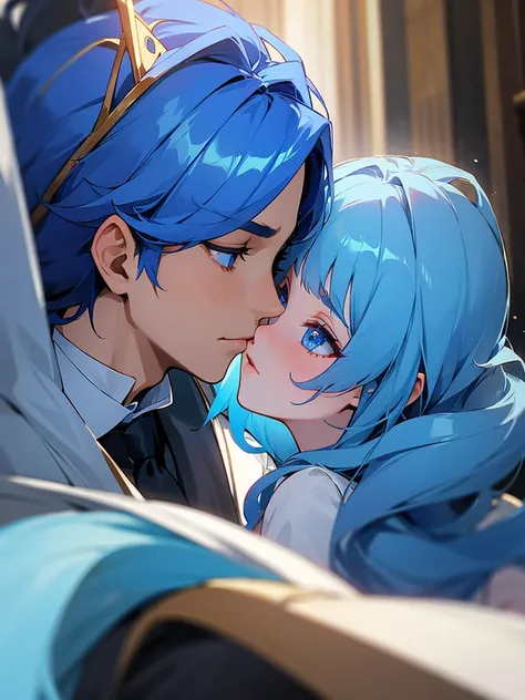 Prince and princess kissing in royal  palace .both have blue hair and blue eyes